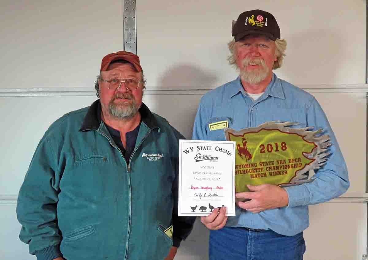 Kenny Wasserburger (left) and Bryan Youngberg (right), top spotter and shooter at the 2018 Wyoming State BPCR Silhouette Championship.